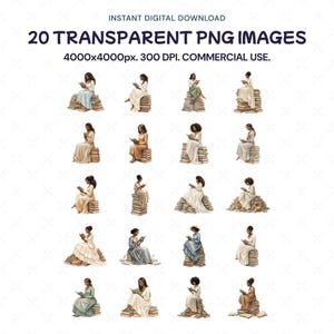 Puede incluir: Descarga digital de 20 im&aacute;genes PNG transparentes. Cada imagen presenta a una mujer con un vestido leyendo un libro sentada sobre una pila de libros. Las im&aacute;genes son de 4000x4000px a 300 DPI, para uso comercial.