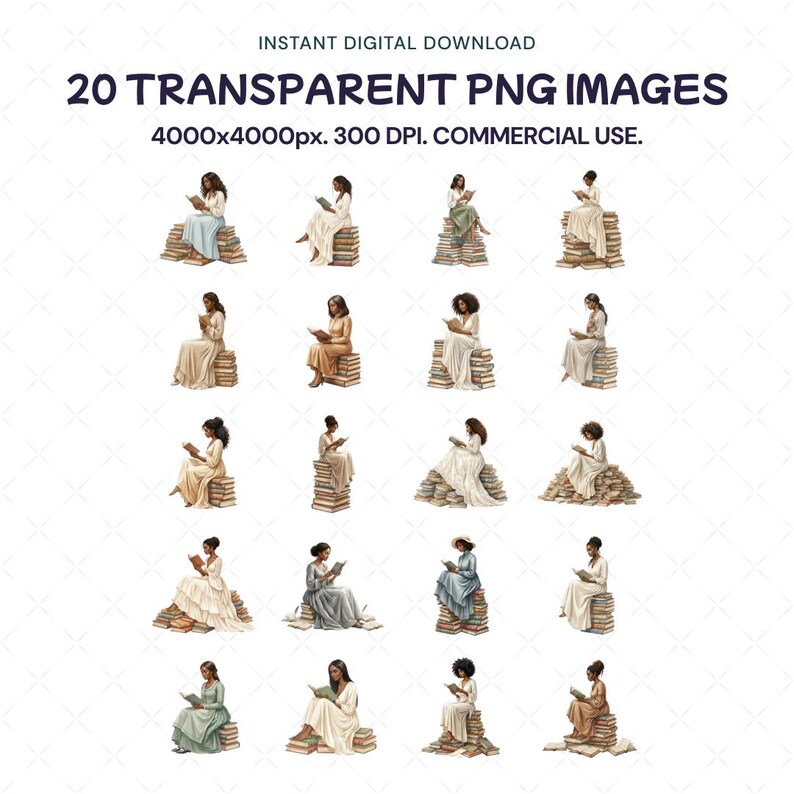 Puede incluir: Descarga digital de 20 im&aacute;genes PNG transparentes. Cada imagen presenta a una mujer con un vestido leyendo un libro sentada sobre una pila de libros. Las im&aacute;genes son de 4000x4000px a 300 DPI, para uso comercial.