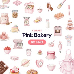 Könnte beinhalten: Eine Sammlung von rosa Bäckerei-Clipart-Illustrationen. Das Bild zeigt einen rosa Küchenmixer, eine Waage, ein Glas Kekse, einen Kuchen, Makronen, ein Nudelholz und eine Schürze. Der Text "Pink Bakery" und "60 PNG" sind ebenfalls vorhanden.