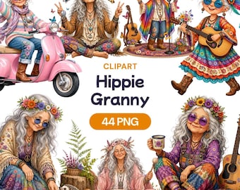 Watercolor Hippie Granny Clipart, Retro Senior Women PNG, Groovy Grandma Art