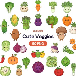 Könnte beinhalten: Eine Illustration von Gemüse im Cartoon-Stil mit lächelnden Gesichtern. Das Bild enthält eine Vielzahl von Gemüse wie Karotten, Mais und einen Kürbis. Der Text "CLIPART Cute Veggies 50 PNG" ist ebenfalls vorhanden.