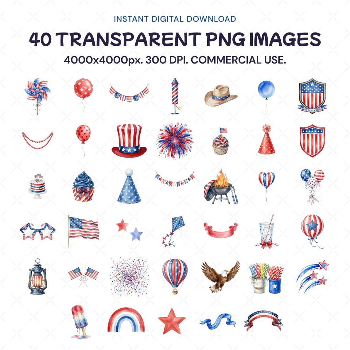 Watercolor 4th of July Clipart, Patriotic Summer PNG, Independence Day ...