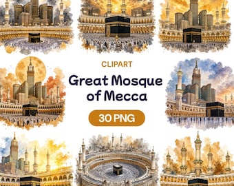 Mosque of Mecca Clipart, Watercolor Kaaba PNG Bundle, Islamic Architecture Graphic