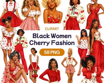 Black Women Cherry Fashion Clipart, Red Fruit Dress PNG, African American Girl Art, Summer Picnic Graphic