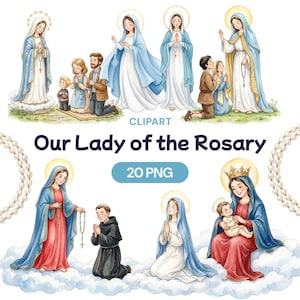 May include: A watercolour clipart set featuring illustrations of Our Lady of the Rosary. The images depict religious figures in various poses, with halos, and draped in blue and white robes. The text "Our Lady of the Rosary" and "20 PNG" are also included.