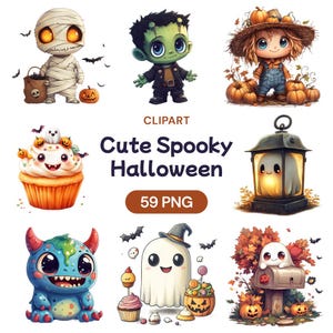 Clipart aquarelle Halloween effrayant effrayant, citrouille monstre sorcière PNG, petite momie vampire, sorcier amusant hanté kawaii, licence d'utilisation commerciale