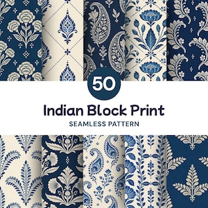 May include: A collection of 50 seamless Indian block print patterns featuring intricate floral, paisley, and geometric motifs in shades of deep navy blue and cream. The text 50 Indian Block Print SEAMLESS PATTERN is centered on the image.