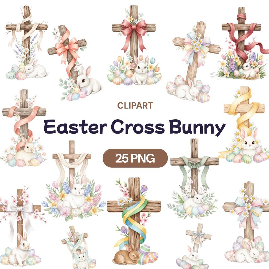 Easter Cross Bunny Clipart, 25 Watercolor Christian PNG, Cute Rabbit ...