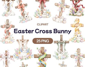May include: Watercolor clipart set featuring wooden crosses adorned with ribbons, flowers, and Easter bunnies. The text "Easter Cross Bunny" is displayed, along with "25 PNG". Pastel colors and Easter-themed elements.