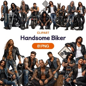 Puede incluir: Una colección digital de imágenes prediseñadas con varios hombres tatuados, de pelo largo y barba, vestidos con chaquetas de cuero, chalecos de mezclilla y jeans, posando con motocicletas y cascos. El texto dice CLIPART Handsome Biker 81 PNG.