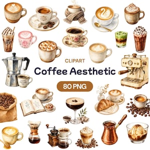 May include: Watercolor illustration of various coffee drinks and coffee-making equipment. Includes lattes, cappuccinos, espresso machine, coffee beans, and a French press. The text "Coffee Aesthetic" and "80 PNG" are also visible.