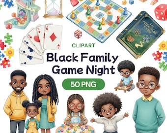 May include: A digital clipart set titled "Black Family Game Night" featuring illustrations of a family, board games, playing cards, dice, and a book. The set includes a variety of game-related elements and family portraits, perfect for digital crafting projects.