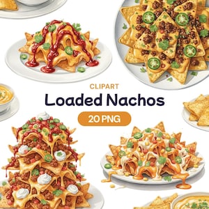 May include: A collection of watercolor illustrations of loaded nachos on white plates. The nachos are topped with cheese, meat, jalapenos, and other toppings. The text "CLIPART Loaded Nachos 20 PNG" is also included.