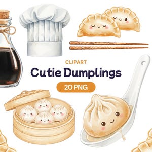 May include: A watercolour clipart set showing dumplings, a chef's hat, chopsticks, and a soy sauce bottle. The text "Cutie Dumplings" and "20 PNG" are included. The dumplings have smiling faces.