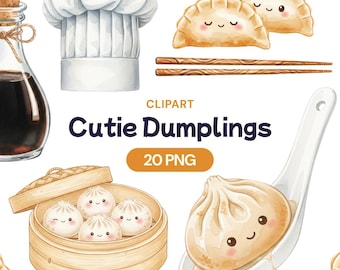 Clipart de dumplings adorables, PNG de comida kawaii, paquete de dim sum, divertido refrigerio asiático, arte de cocina en acuarela