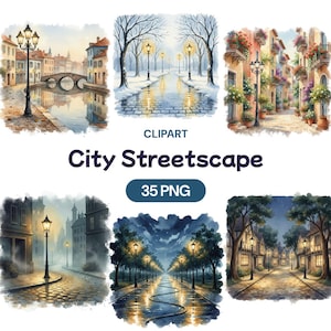 May include: Watercolor illustrations of city street scenes. The images depict various European cityscapes with cobblestone streets, lampposts, and buildings. The text "City Streetscape" and "35 PNG" are also included.