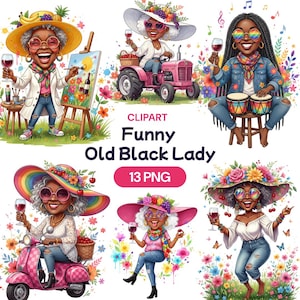 May include: A digital illustration featuring a collection of images of an elderly Black woman in various scenarios. The images include the woman painting, driving a tractor, playing drums, riding a scooter, and holding a glass of wine. The text "CLIPART Funny Old Black Lady 13 PNG" is also included.