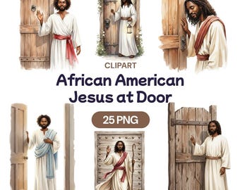 African American Jesus at Door Clipart, 25 Watercolor PNG, Black Christ Knocking, Religious Art, Rustic Wood Entrance, Church Bulletin