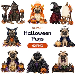 Pode incluir: Uma coleção de clipart digital apresentando pugs vestidos com vários trajes de Halloween, incluindo magos, corujas e realeza, acompanhados por abóboras, folhas de outono e acessórios mágicos. O texto diz CLIPART Halloween Pugs 42 PNG.