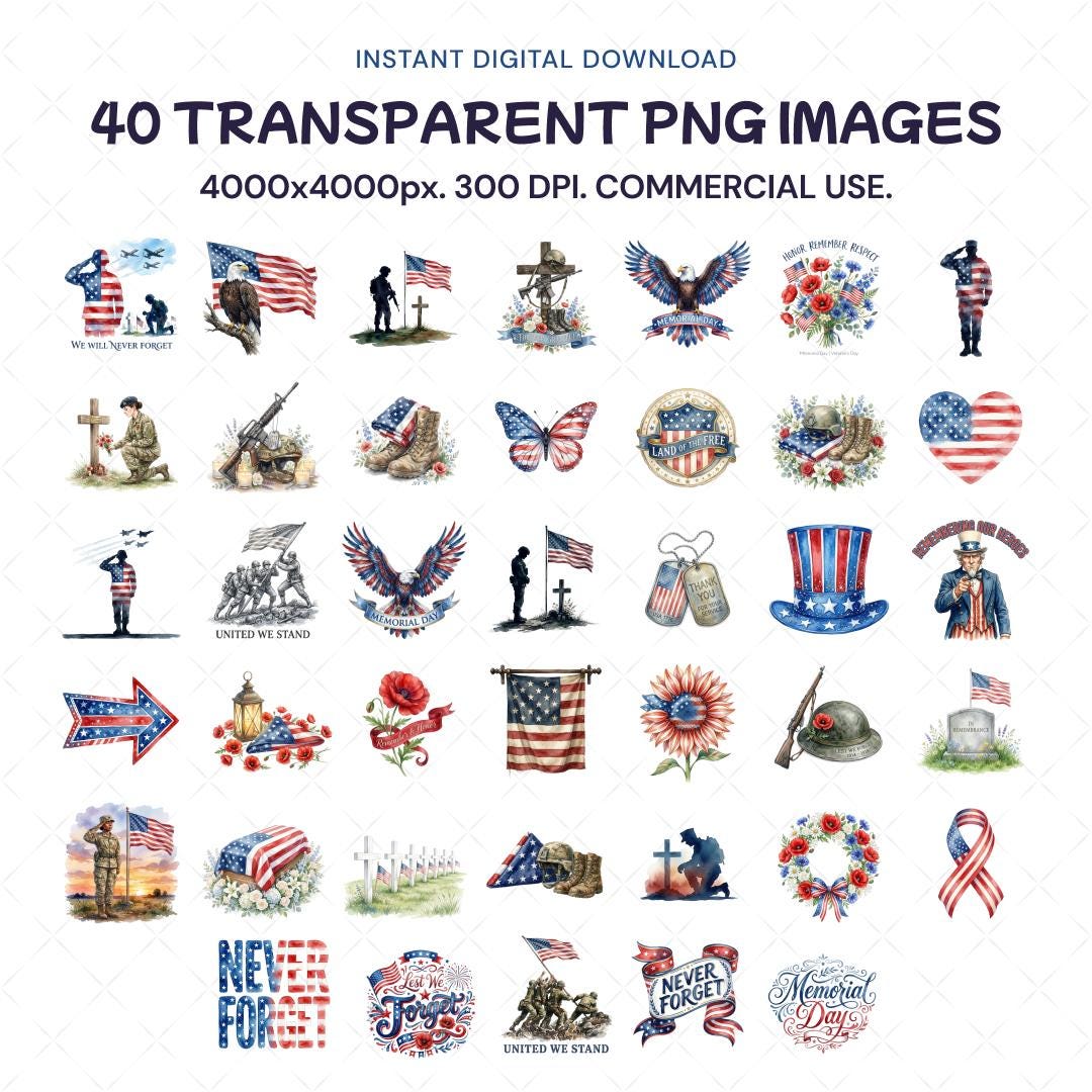 Watercolor Memorial Day Clipart, Patriotic Military PNG, Honoring ...
