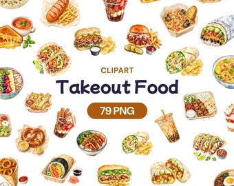 Imágenes prediseñadas de comida para llevar en acuarela, comida a domicilio en formato PNG, gráfico de comida rápida, ilustración de menú de restaurante, arte de pedidos de restaurante