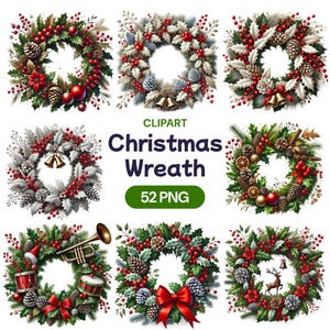 Couronne de Noël Clipart, poinsettia aquarelle transparent PNG Bundle, Noël vintage mignon ensemble bordure de verdure hiver, licence d'utilisation commerciale