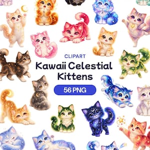 May include: A digital collection of 56 PNG clipart images featuring various kittens with celestial themes, including stars, moons, and galaxy patterns in colors like blue, pink, orange, and green, with the text CLIPART Kawaii Celestial Kittens 56 PNG.