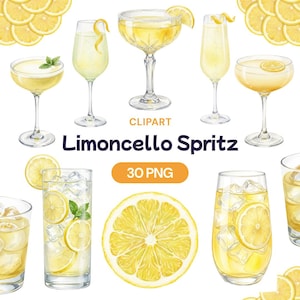 May include: Watercolor illustration of various limoncello spritz cocktails, including coupe glasses, highball glasses, and champagne flutes, garnished with lemon slices and zest. The image includes the text "Limoncello Spritz" and "30 PNG".