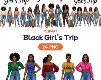 Black Girl's Trip Clipart, 24 African American Women Traveling PNG, Melanin Vacation Squad Graphics, Summer Holiday Travel Diva Illustration