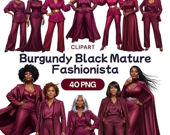 Burgundy Mature Black Woman Clipart, African American Senior PNG, Silver Hair Fashion, Maroon Fall Outfit, Elegant Grandma, Wine Dress Suit