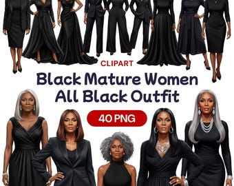 Mature Black Woman All Black Outfit Clipart, Senior African American PNG, Elegant Dark Fashion, Church Lady, Business Professional