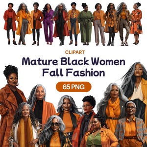 Clipart di moda invernale per donne mature nere, nonna afroamericana acquerello PNG, bella nonna, anziana elegante, licenza per uso commerciale