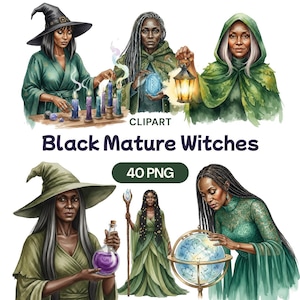 May include: Digital clipart featuring illustrations of Black mature witches in various poses. The witches are depicted in green robes and hats, holding candles, lanterns, and a globe. The text "Black Mature Witches" and "40 PNG" are also included.