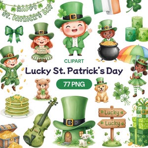 May include: A collection of St. Patrick's Day themed clipart. The image features leprechauns, shamrocks, pots of gold, and other festive elements in shades of green, gold, and white. Text includes "Happy St. Patrick's Day" and "Lucky St. Patrick's Day".