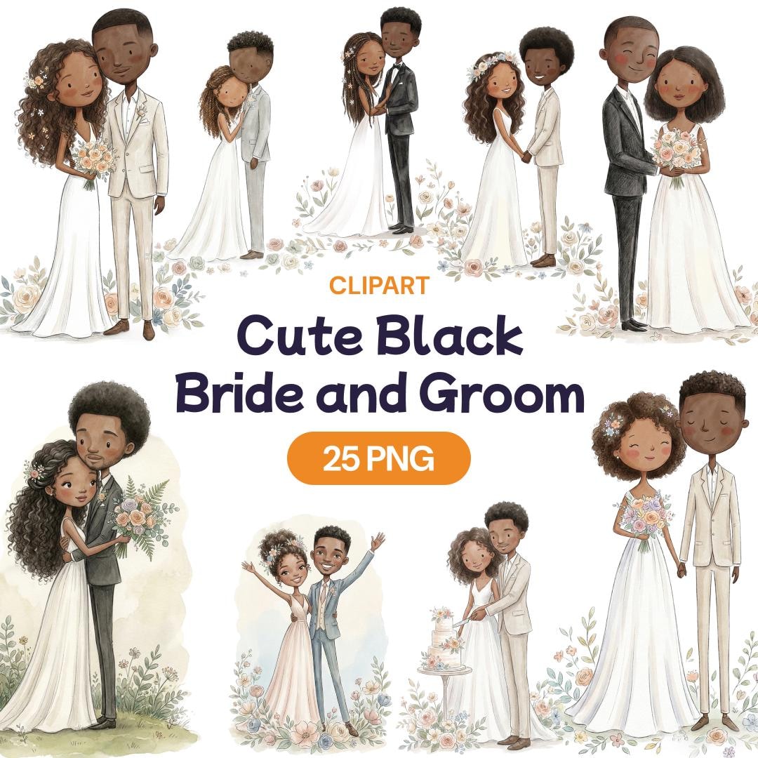 Cute Black Bride and Groom Clipart, 25 African American Wedding PNG ...
