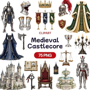 May include: A collection of medieval-themed digital clipart featuring a knight in armor, a crown, helmets, banners, a royal cloak, a blue gown, an axe, a goblet, a candelabra, a castle, an open book, a throne, a lantern, scales, and a fountain.