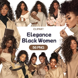 Clipart di donne nere eleganti, ragazza afroamericana trasparente in acquerello PNG, colori neutri, routine quotidiana di una donna, licenza per uso commerciale