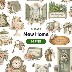 Op de afbeelding: Een digitale clipart-collectie met 74 PNG-bestanden met een nieuw huis-thema. De elementen bevatten een groene koffiepot, een taart met een huis-topper, een raam met luiken, een broodtrommel, een klok, een deur en bloemrijke accenten.