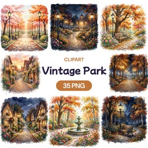 May include: A collection of watercolor clipart images featuring vintage park scenes. Each image showcases a park with cobblestone paths, benches, street lamps, and colorful foliage. The text "Vintage Park" and "35 PNG" are included.