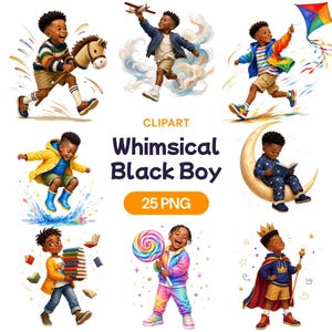 May include: A collection of digital illustrations featuring a young Black boy in various activities including riding a hobby horse, flying a plane, holding a kite, jumping in water, sitting on a crescent moon, reading books, holding a lollipop, and wearing a crown.