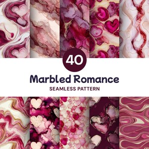May include: A collection of 40 seamless digital patterns titled Marbled Romance, featuring various abstract designs in shades of magenta, burgundy, cream, and gold. The patterns include swirling marble textures, heart shapes, and fluid ink washes.