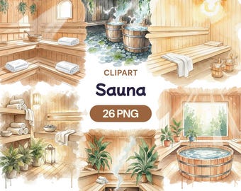 Clipart de sauna em aquarela, 26 imagens PNG de interiores de spa, arte de sala de vapor, casa de banho de madeira, relaxamento e bem-estar, banheira de hidromassagem, autocuidado, estilo escandinavo