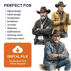 May include: Digital file featuring three illustrations of a cowboy in a hat and denim jacket. The text reads "PERFECT FOR" and lists uses like digital design, fabric design, scrapbooks, invitations, journals, websites, sublimations, and greeting cards. The image also states "DIGITAL FILE" and "No physical item will be shipped."