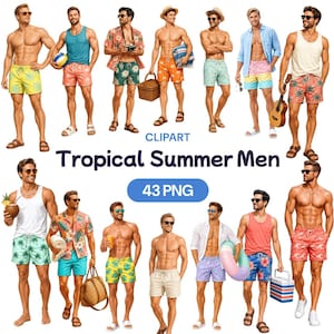 May include: A digital collection of 43 PNG clipart images featuring various shirtless men in summer attire, including swim trunks, tank tops, and button-down shirts, with accessories like beach balls, ukuleles, coolers, and tropical patterns.