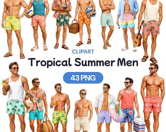 Tropical Summer Men Clipart, Caucasian Male Vacation PNG, Beach Guy Graphic, Masculine Holiday Art