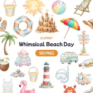 May include: A collection of watercolour beach-themed clipart. Includes a sandcastle, beach umbrella, sun, beach ball, lighthouse, and a vintage van. The text reads "Whimsical Beach Day" and "90 PNG".