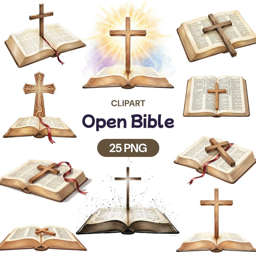 Open Bible Clipart With Cross, 25 Christian PNG, Watercolor Holy ...
