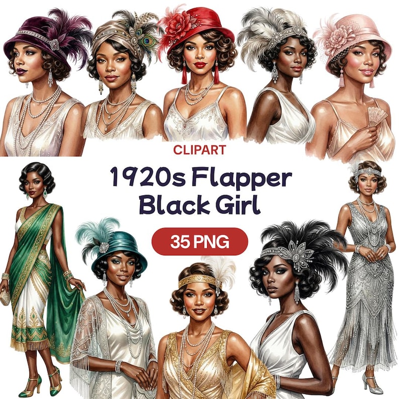 1920s Flapper Black Girl Clipart, African American Female PNG, Roaring ...