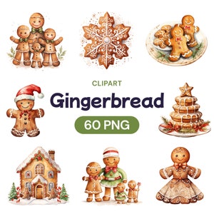 Clipart di omino di pan di zenzero ad acquerello, pacchetto PNG trasparente di biscotti di Natale carini, biscotto glassato decorato per la famiglia, licenza per uso commerciale