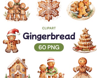 May include: A set of watercolor illustrations featuring gingerbread people, a gingerbread house, a gingerbread snowflake, a gingerbread tree, and a gingerbread woman. The illustrations are perfect for holiday crafts, cards, and decorations.